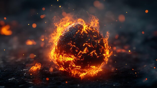 A fiery sphere burns brightly against a dark background