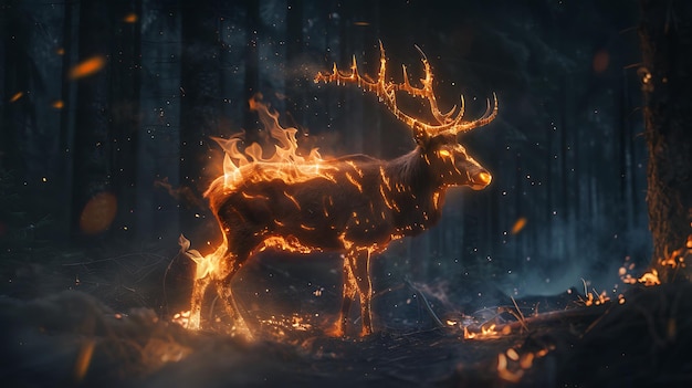 Fiery Stag Stands Amidst Burning Forest at Night Embracing the Wildfire39s Glow