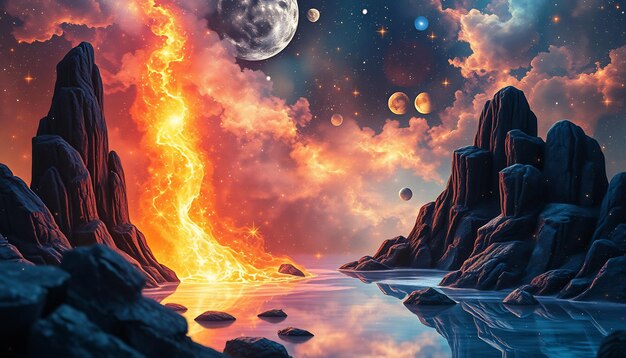 Photo a fiery stream flows between two rocky peaks against a starry night sky with a large moon