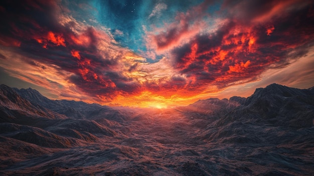 Photo fiery sunset over a dramatic mountain range