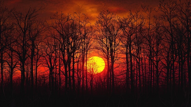 Fiery Sunset Silhouette Trees Forest Sky Background