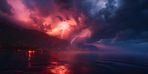 Fiery thunderstorm in the night sky over the forest Storm on the sea Stormy sky Ai Generated