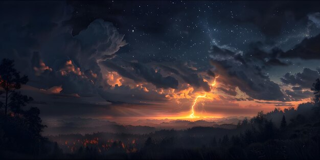 Fiery thunderstorm in the night sky over the forest Storm on the sea Stormy sky Ai Generated