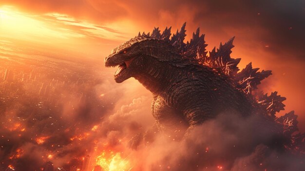 Fiery Twilight Godzilla Dominates the Burning Cityscape