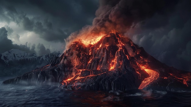 Fiery Volcanic Island Environment with Lava Eruption