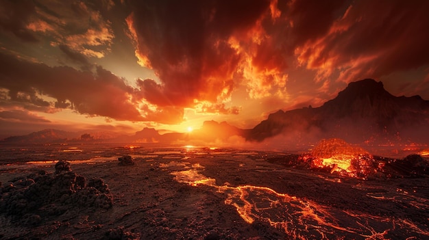 Fiery Volcanic Island Sunset Over Mountain Range