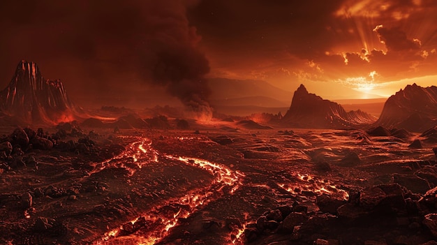 Fiery Volcanic Wasteland with Lava Landscape and Water Stream