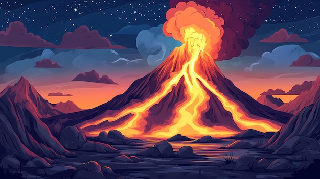 Photo a fiery volcano erupts at night spewing lava and ash into the sky the glowing lava flows down the mountainside illuminating the surrounding landscape