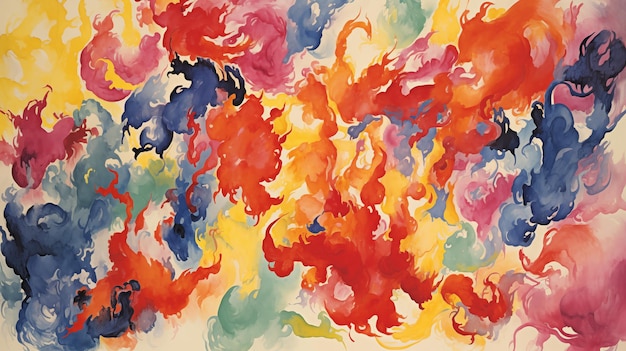 Fiery watercolor background with abstract red yellow and blue shapes