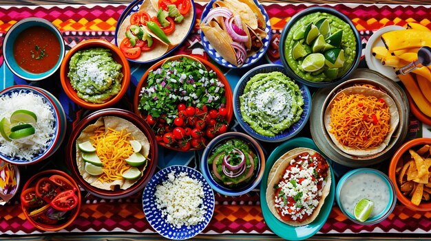 Photo fiesta of flavors colorful mexican dishes tacos enchiladas guacamole on vibrant tablecloth