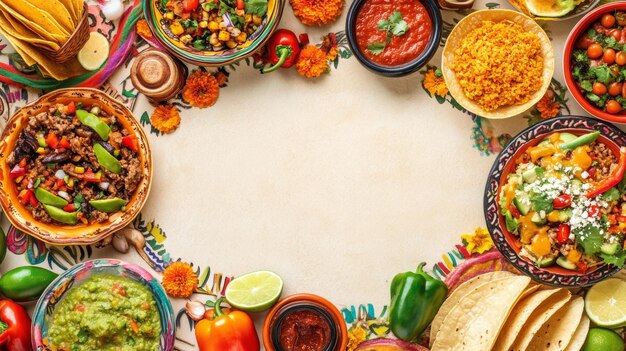 Fiesta of Flavors Vibrant Mexican Food Display with Marigold Frame and Papel Picado Accents