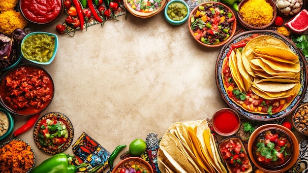 Fiesta of Flavors Vibrant Mexican Food Spread with Festive Decorations on Beige Background