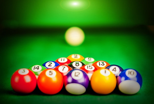 Fifteen billiard spheres lay on green cloth