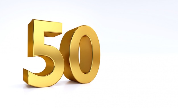 fifty, 3d illustration golden number 50 on white and copy space on right hand side for text