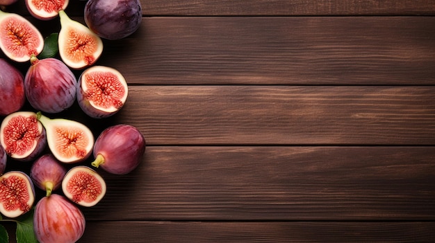 Photo fig fruits arranged on a vintage wooden table seen from a topdown perspective offering empty spac