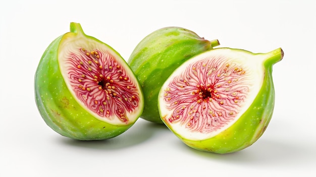 Fig green Cut in half and whole fig Greenred fruit isolated on a white background Generative AI