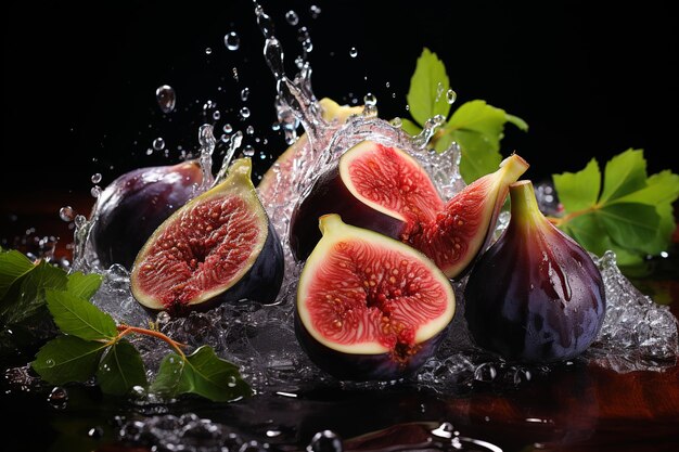 fig slices with knife and water drops and splashes on black background