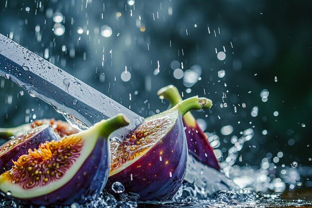 fig slices with knife and water drops and splashes on natural background