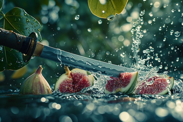 fig slices with knife and water drops and splashes on natural background