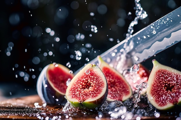 fig slices with knife and water drops and splashes on natural background