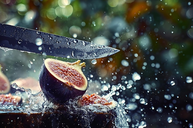 fig slices with knife and water drops and splashes on natural background