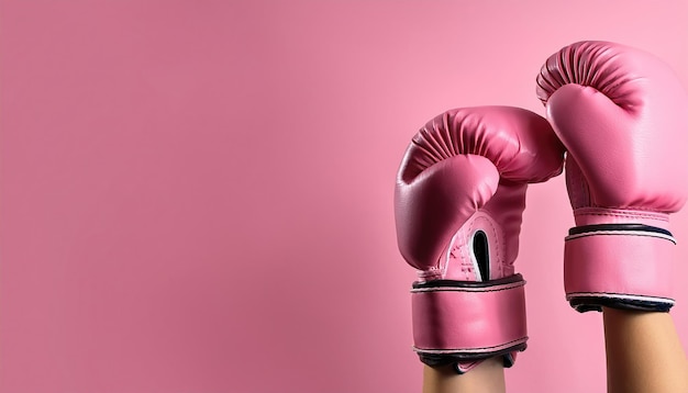 Photo fight against breast cancer pair of pink boxing gloves on colorful background