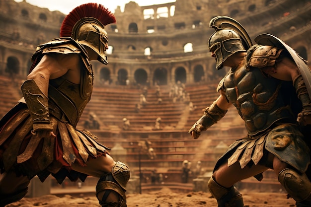 Fight between two Roman gladiators in the coliseum Realistic representation of Roman combat