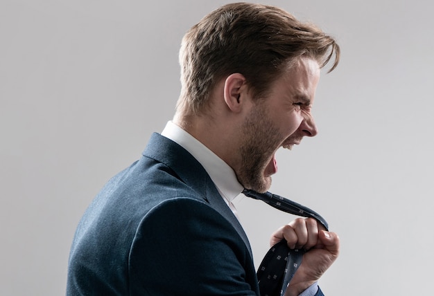 Fight at work. Lawyer scream being pulled by necktie. Physical fight. Angry man screaming. Workplace conflict.