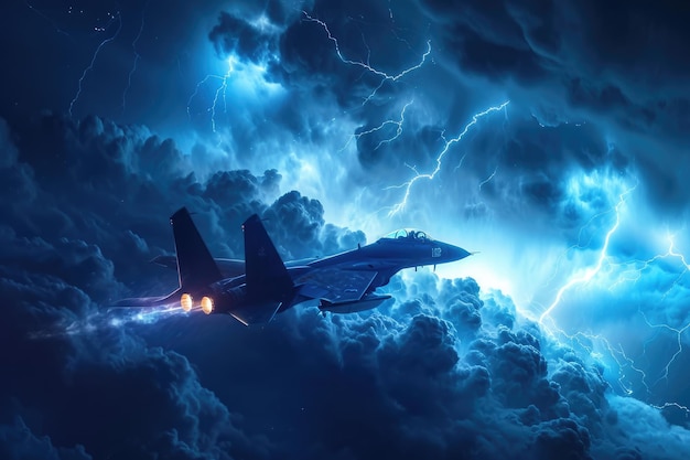 A fighter jet fearlessly navigates through a stormfilled sky braving turbulent winds and lightning strikes Fighter plane soaring above the lightning storm AI Generated