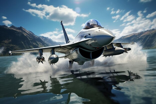 Fighter jet fighter flying in the sky over lake Ai Generated