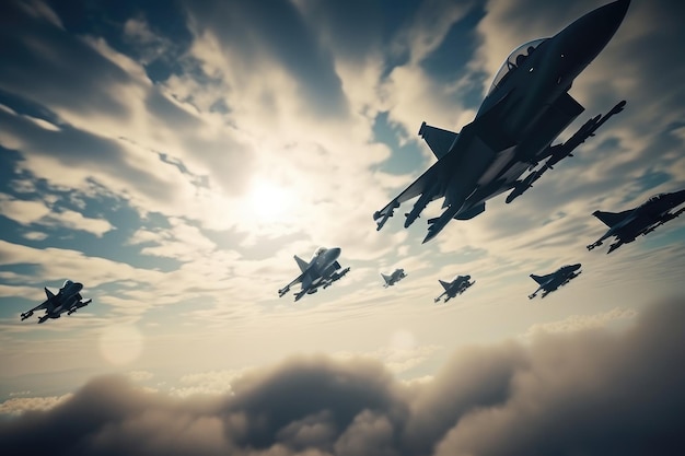 Fighter jet fighters flying high in the sky 3d render Military fighter jets flying in the sky in a battlefield AI Generated