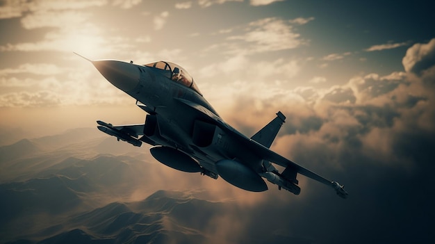 A fighter jet flies over the clouds with the sun behind it.