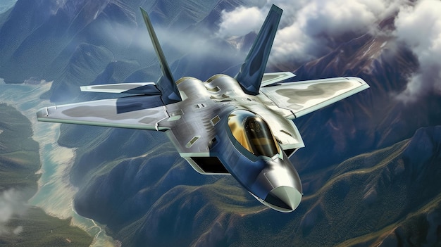 A fighter jet flies over a mountain range.