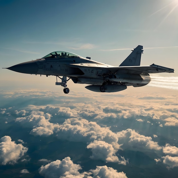 a fighter jet flying over the clouds with the sun behind it