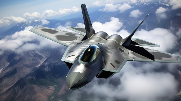 A fighter jet flying in the sky with clouds and mountains in the background.