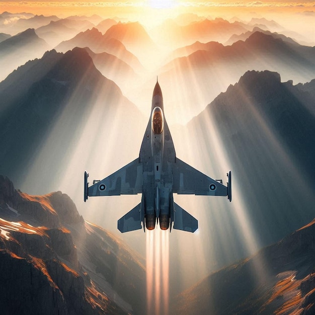 a fighter jet flying through the sky with the sun shining through the clouds