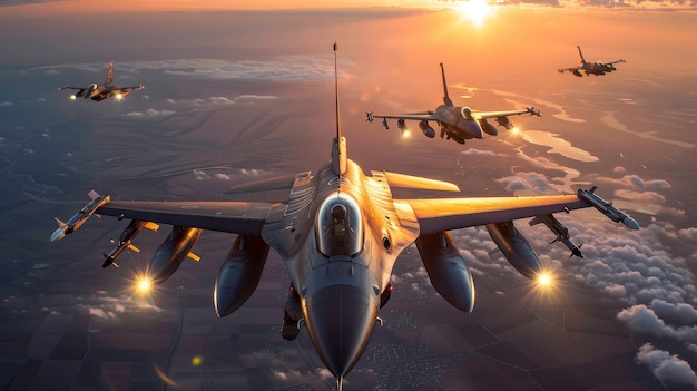 a fighter jet is flying over a sunset sky