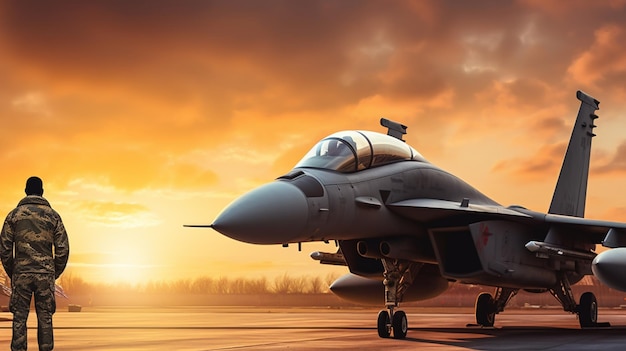 a fighter jet is on the runway at sunset