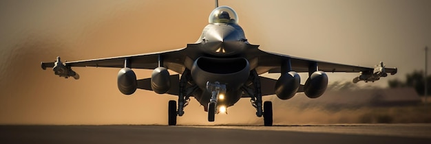 A fighter jet with the nose of the jet on the runway.