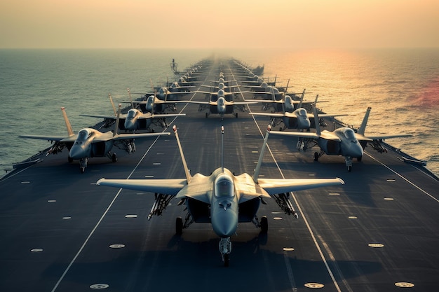 Fighter jets parked on an aircraft carrier deck Generative AI