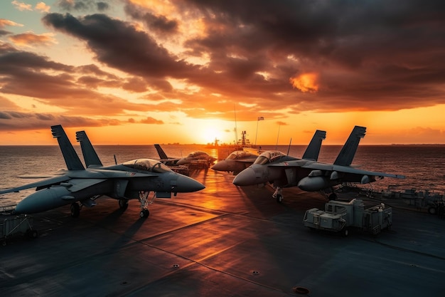 Fighter jets parked on an aircraft carrier deck Generative AI