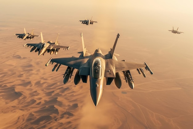 Fighter jets soaring through the clouds in formation Generative AI