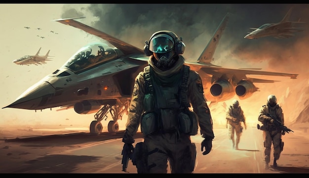 Fighter in a military uniform on a background of fighter planes