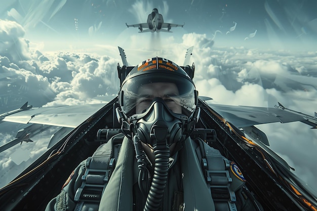 A fighter pilot wearing a helmet in the cockpit is flying high above the clouds