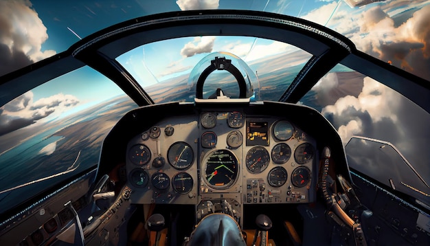 Fighter pilots cockpit view under cloudy blue sky with Generative AI Technology