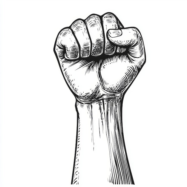 Fighting and freedom concept with clenched fist Black and white imitation sketch print Design for cover card and print