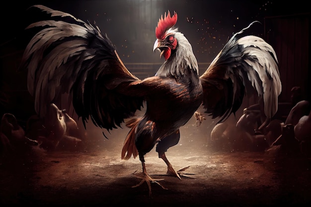 Fighting rooster with large crest in arena before cockfights