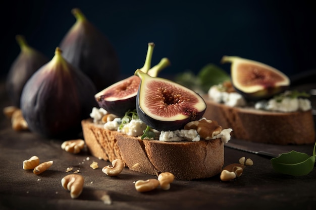 Figs cheese sandwiches bread Tasty breakfast pork snack food Generate Ai