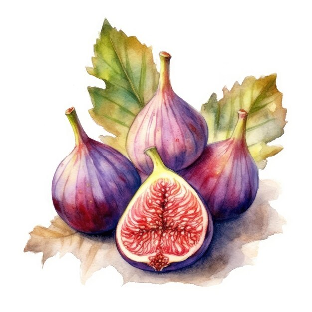 Figs in watercolor style with ink outline on white background generative AI