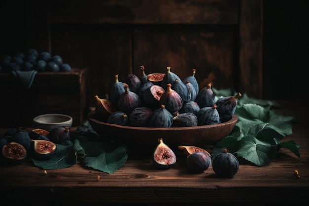 Figs on a wooden table with a bowl of blue figs